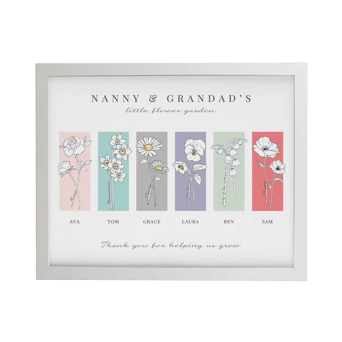 Personalised Birth Flower Family of 6 White Framed Print for Mother's Day
