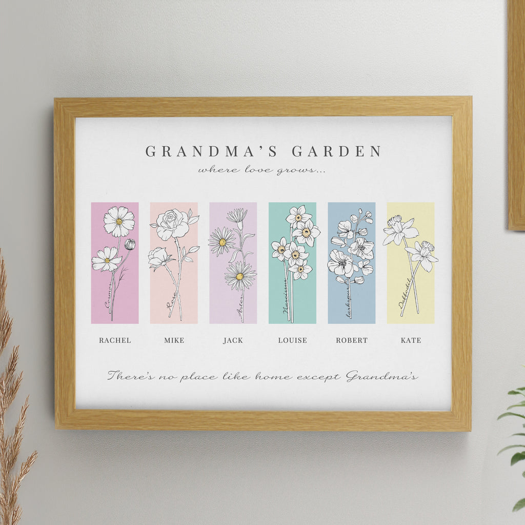 Personalised Birth Flower Family of 6 Oak Framed Print | Poster Frames | Mother's Day Gift