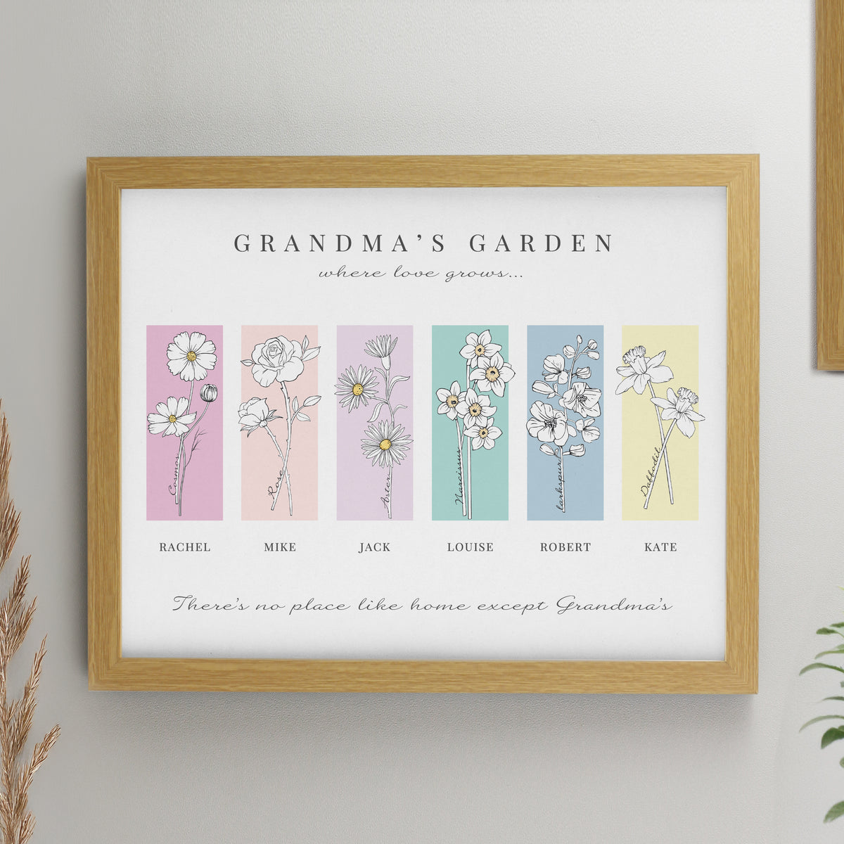 Personalised Birth Flower Family of 6 Oak Framed Print | Poster Frames | Mother's Day Gift