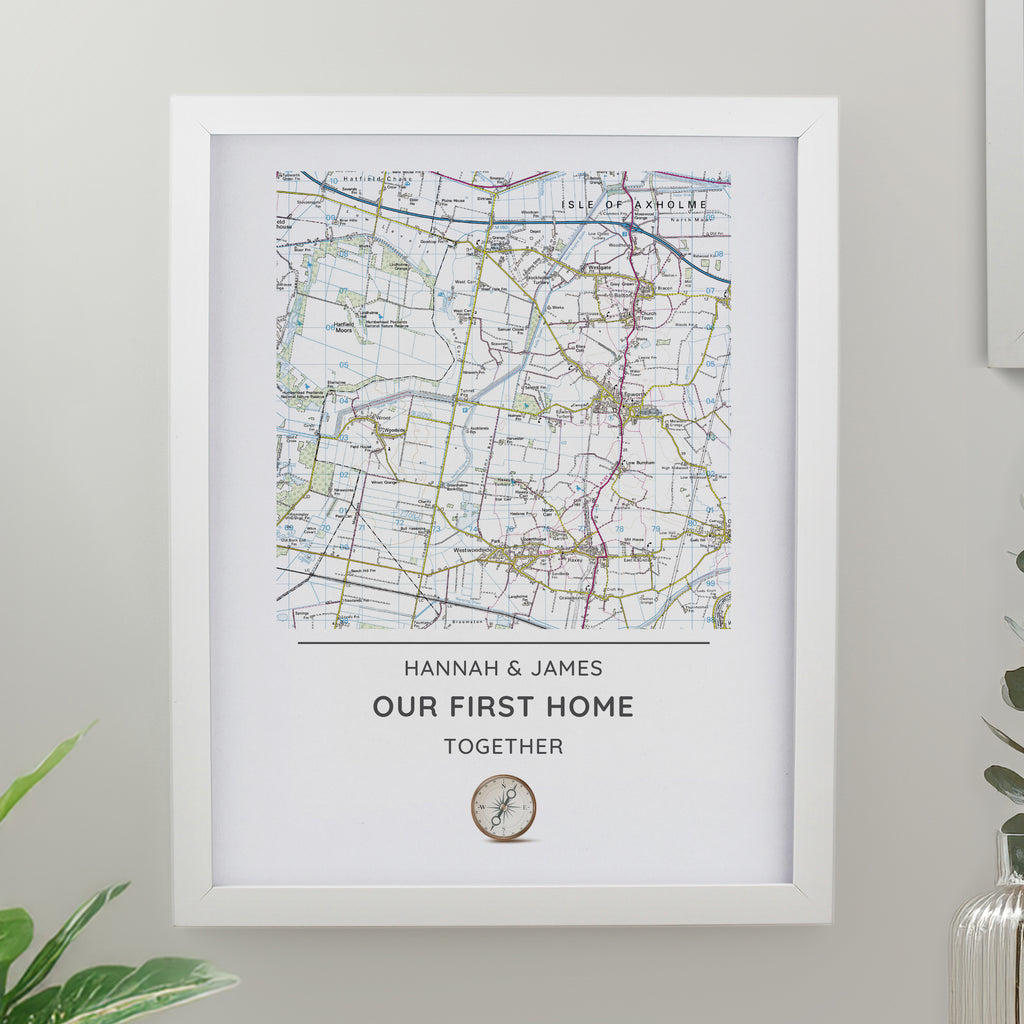 Personalised Present Day Map Compass White Poster Frame | Wedding Gift