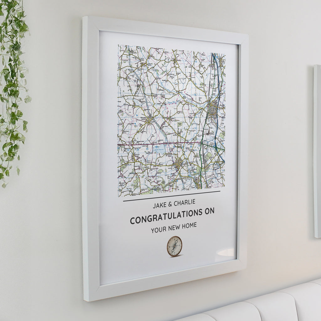 Personalised Present Day Map Compass White Poster Frame | Wedding Gift