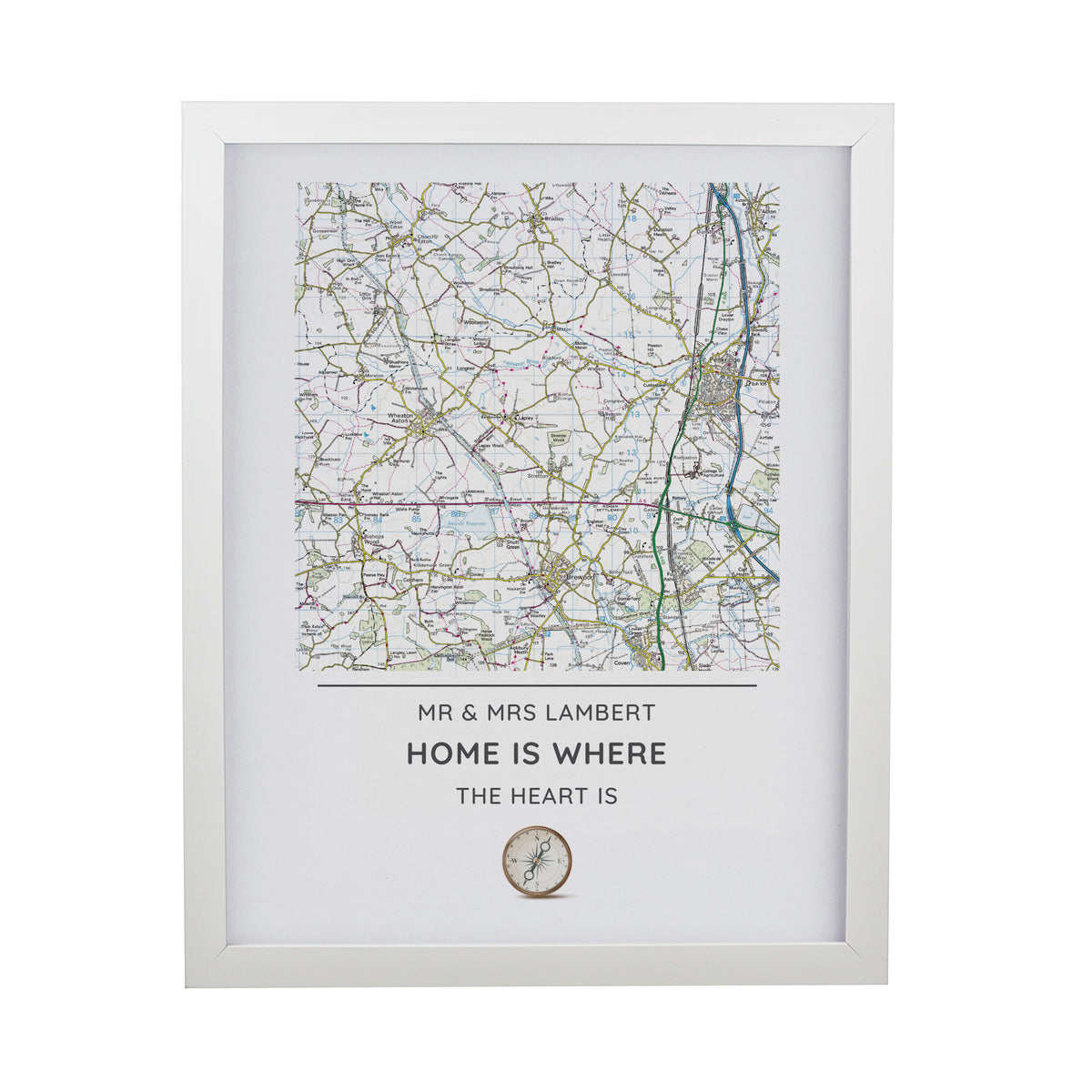 Personalised Present Day Map Compass White Poster Frame | Wedding Gift