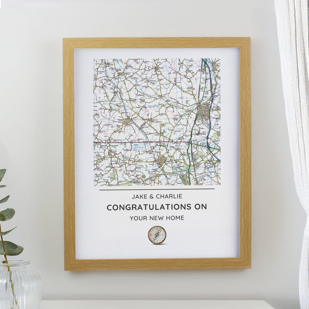 Personalised Present Day Map Compass Oak Poster Frame | Wedding Gift