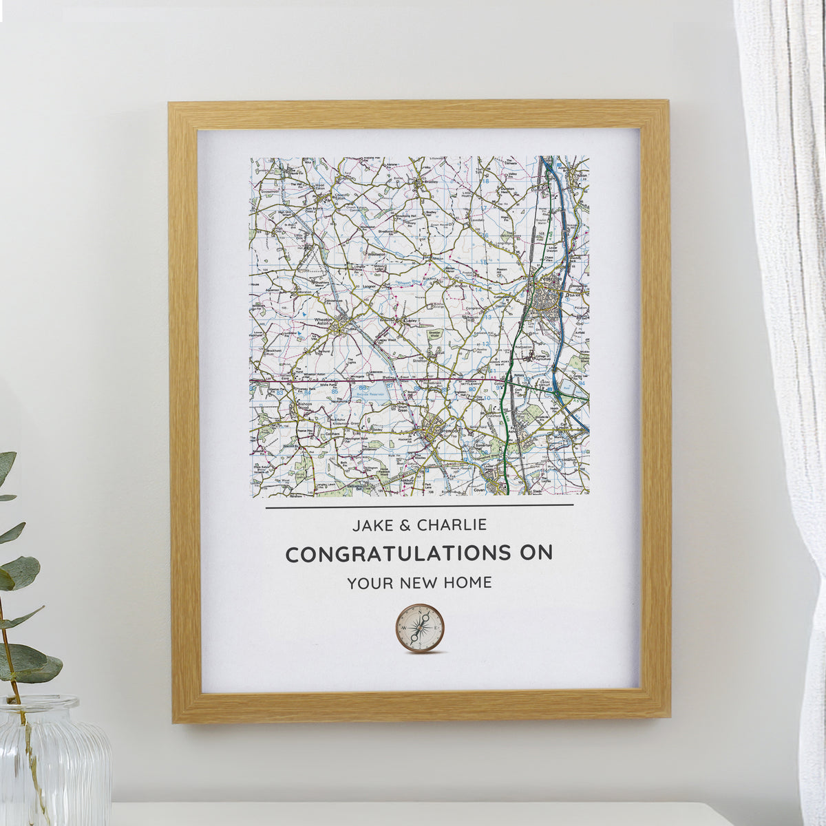 Personalised Present Day Map Compass Oak Poster Frame | Wedding Gift
