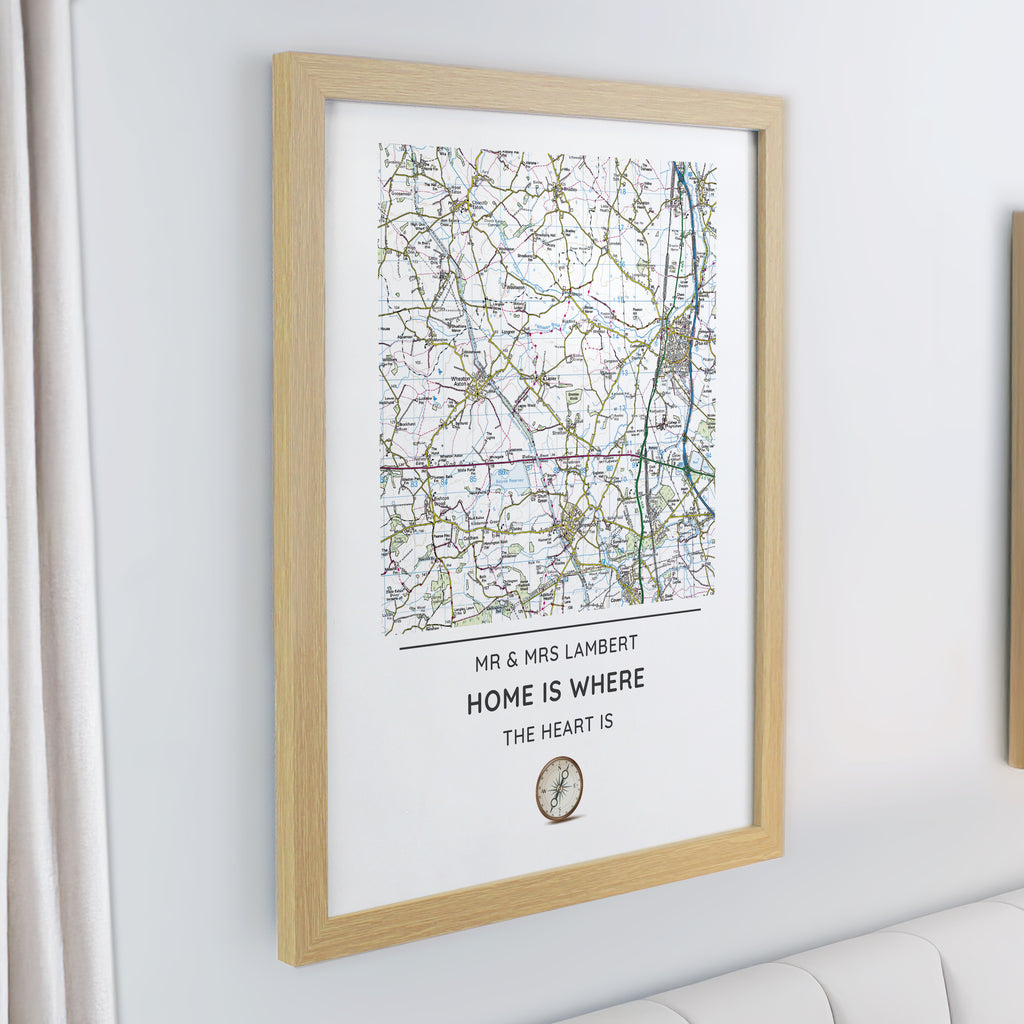 Personalised Present Day Map Compass Oak Poster Frame | Wedding Gift