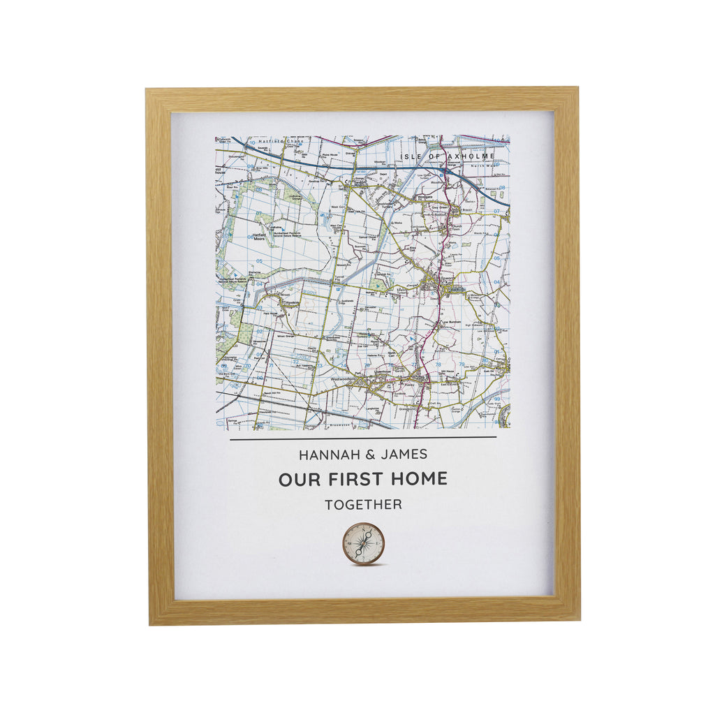 Personalised Present Day Map Compass Oak Poster Frame | Wedding Gift