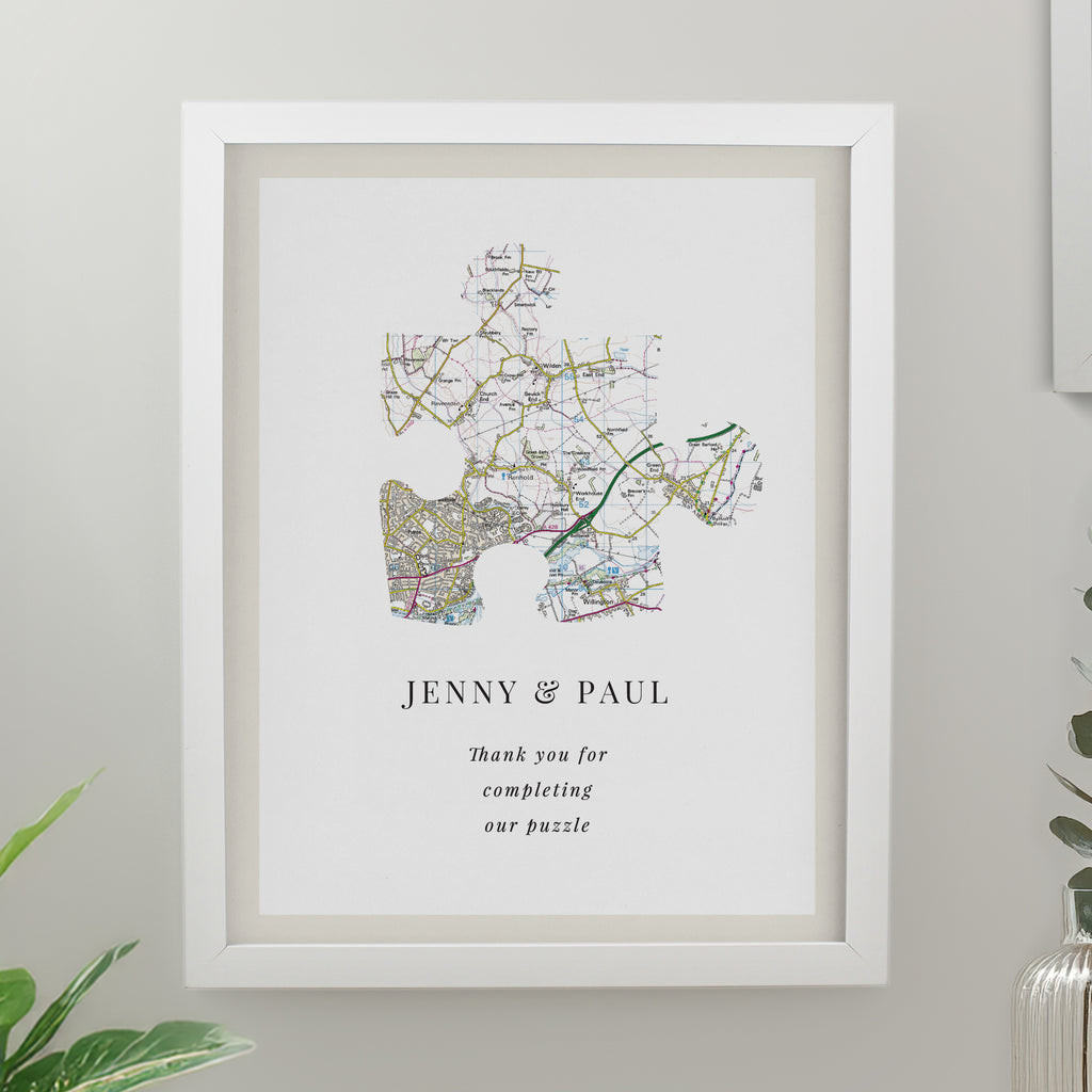 Personalised Present Day Map Puzzle Piece White Poster Frame | Poster Frames