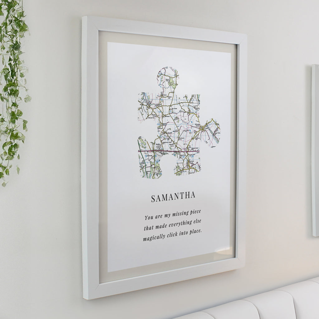 Personalised Present Day Map Puzzle Piece White Poster Frame | Poster Frames