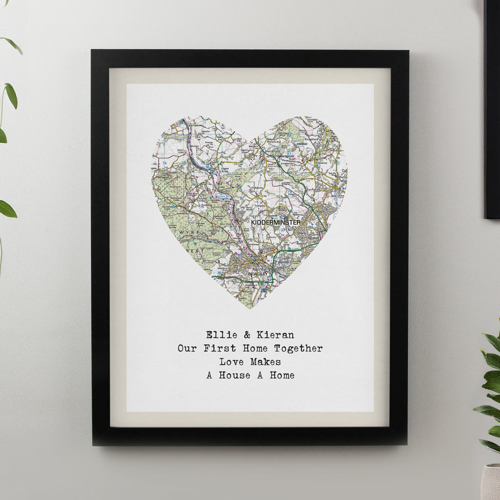 Personalised Present Day Map Heart Black Poster Frame | Poster Frames