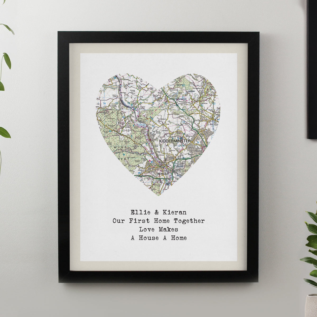 Personalised Present Day Map Heart Black Poster Frame | Poster Frames