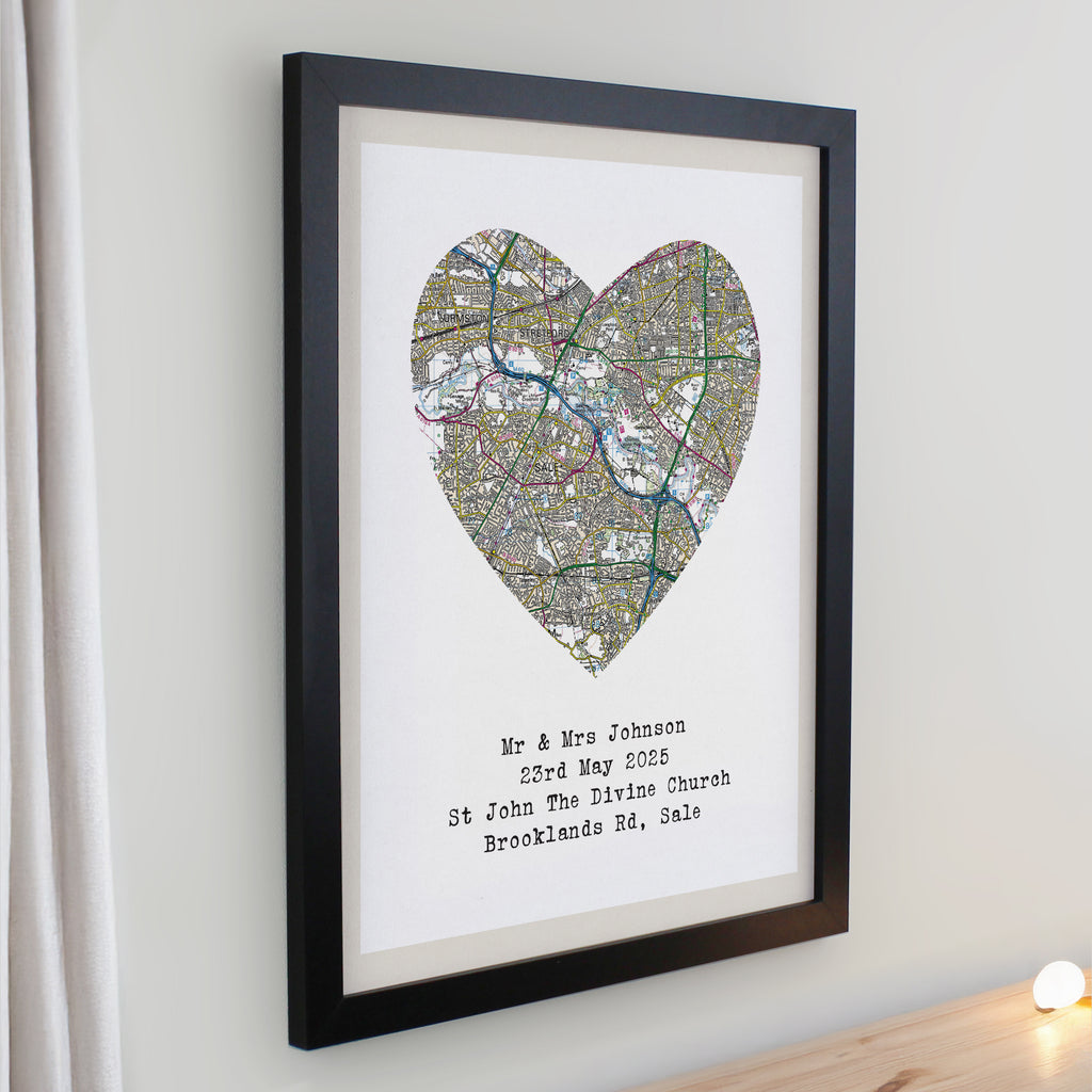 Personalised Present Day Map Heart Black Poster Frame | Poster Frames