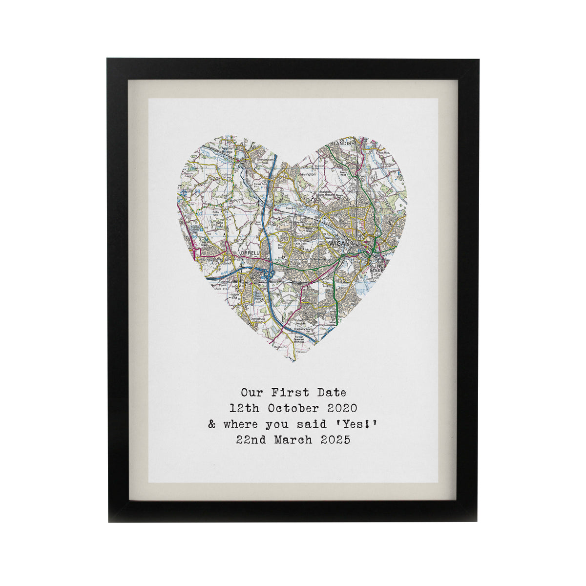 Personalised Present Day Map Heart Black Poster Frame | Poster Frames