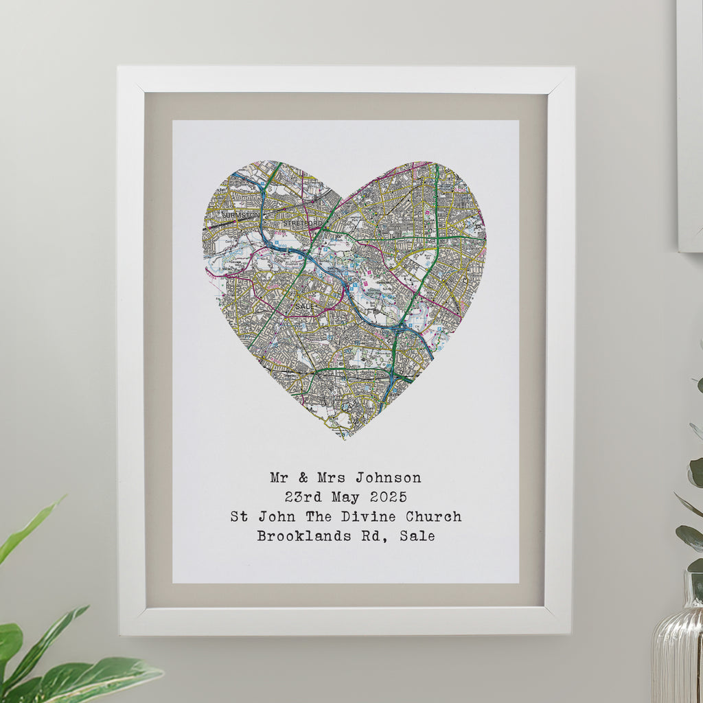 Personalised Present Day Map Heart White Poster Frame | Mother's Day Gift