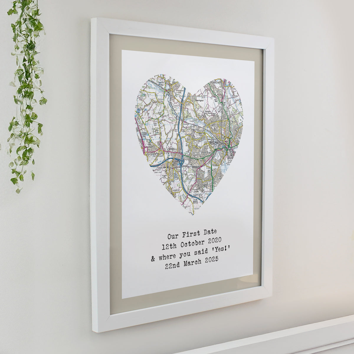 Personalised Present Day Map Heart White Poster Frame | Mother's Day Gift