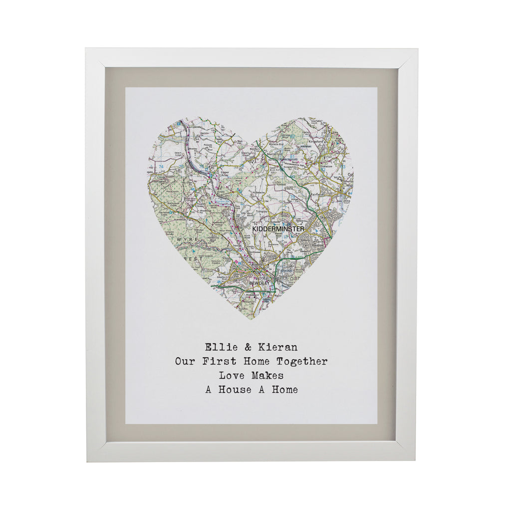 Personalised Present Day Map Heart White Poster Frame | Mother's Day Gift