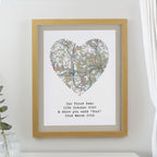 Personalised Present Day Map Heart Oak Poster Frame | Mother's Day Gift
