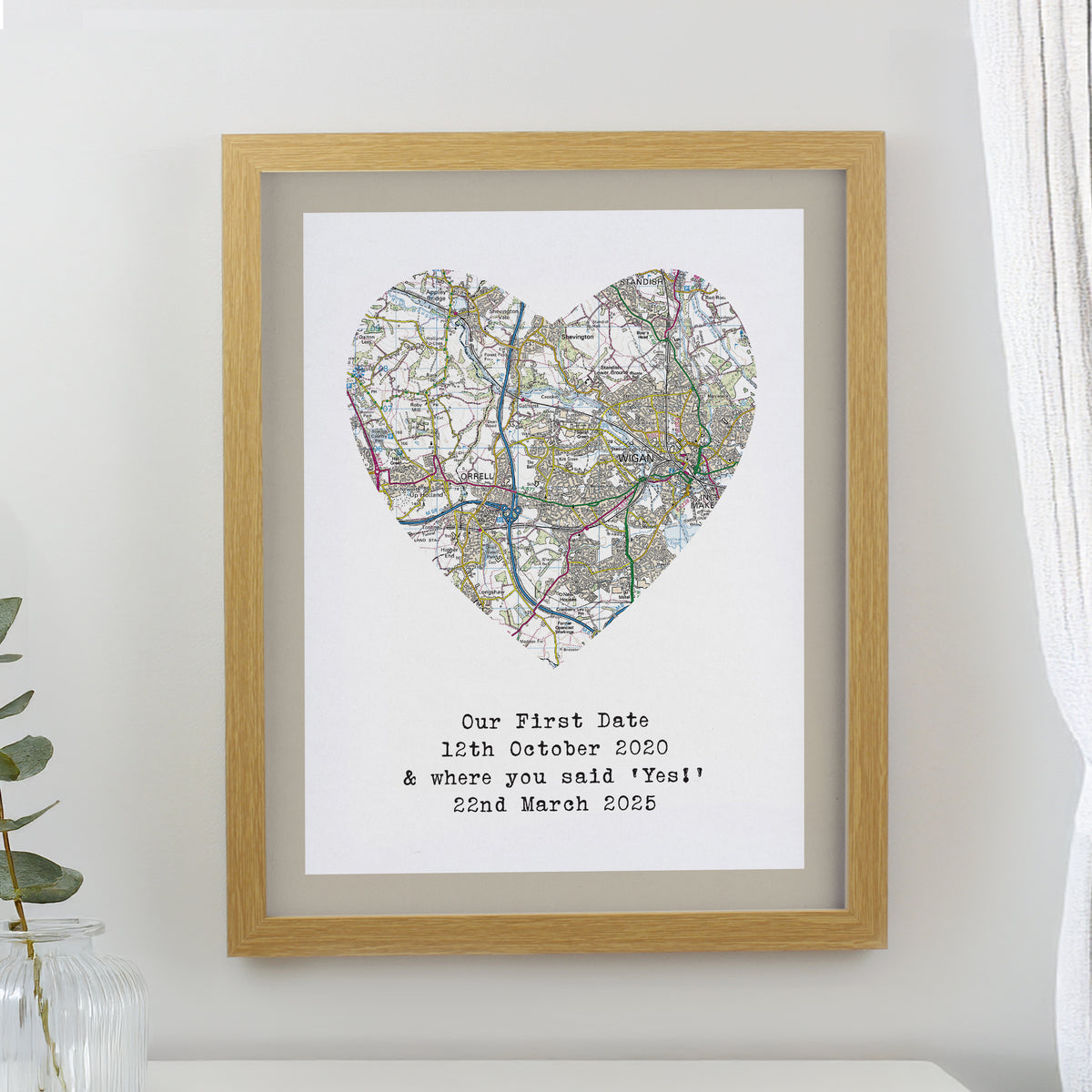 Personalised Present Day Map Heart Oak Poster Frame | Mother's Day Gift