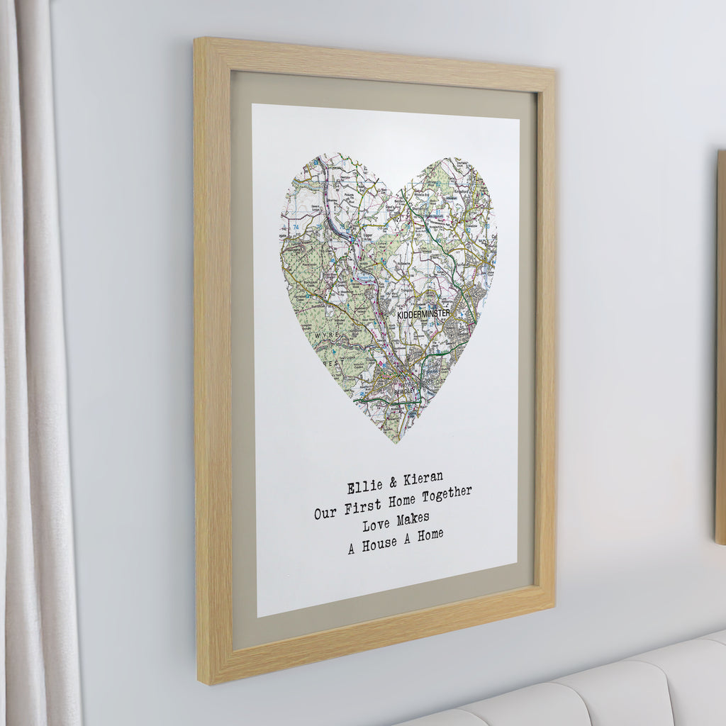 Personalised Present Day Map Heart Oak Poster Frame | Mother's Day Gift