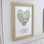 Personalised Present Day Map Heart Oak Poster Frame | Mother's Day Gift