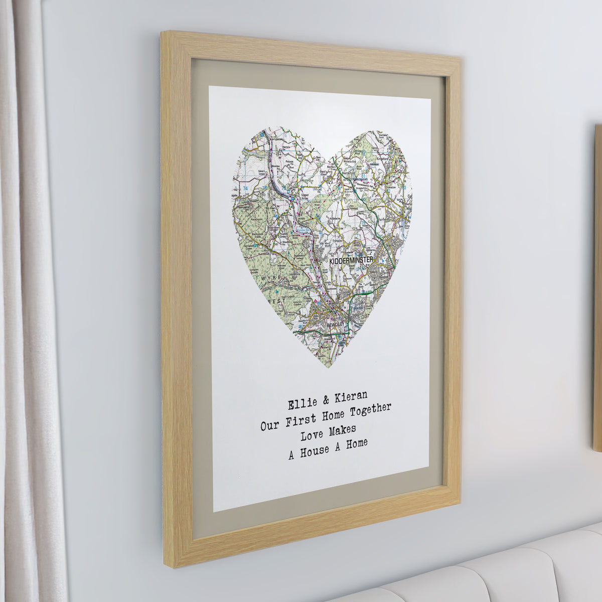 Personalised Present Day Map Heart Oak Poster Frame | Mother's Day Gift