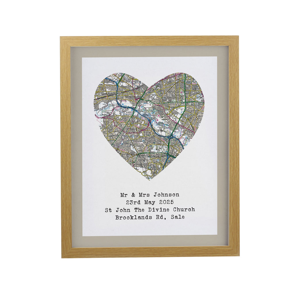 Personalised Present Day Map Heart Oak Poster Frame | Mother's Day Gift