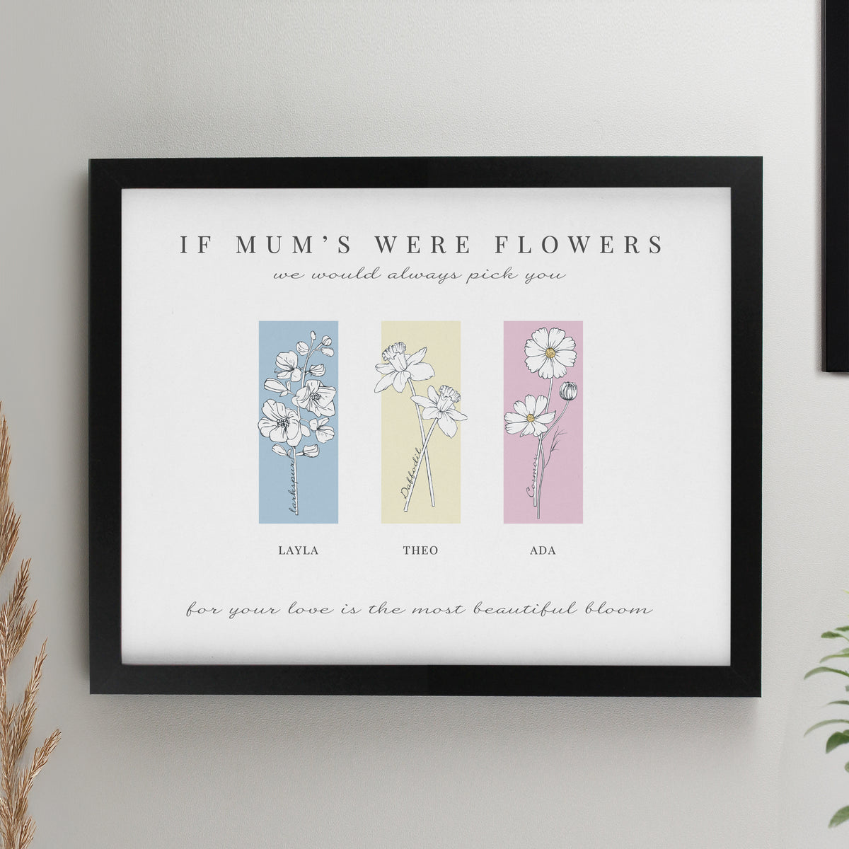 Personalised Birth Flower Family of 3 Black Framed Print | Poster Frames | Inspired Creative Gifts