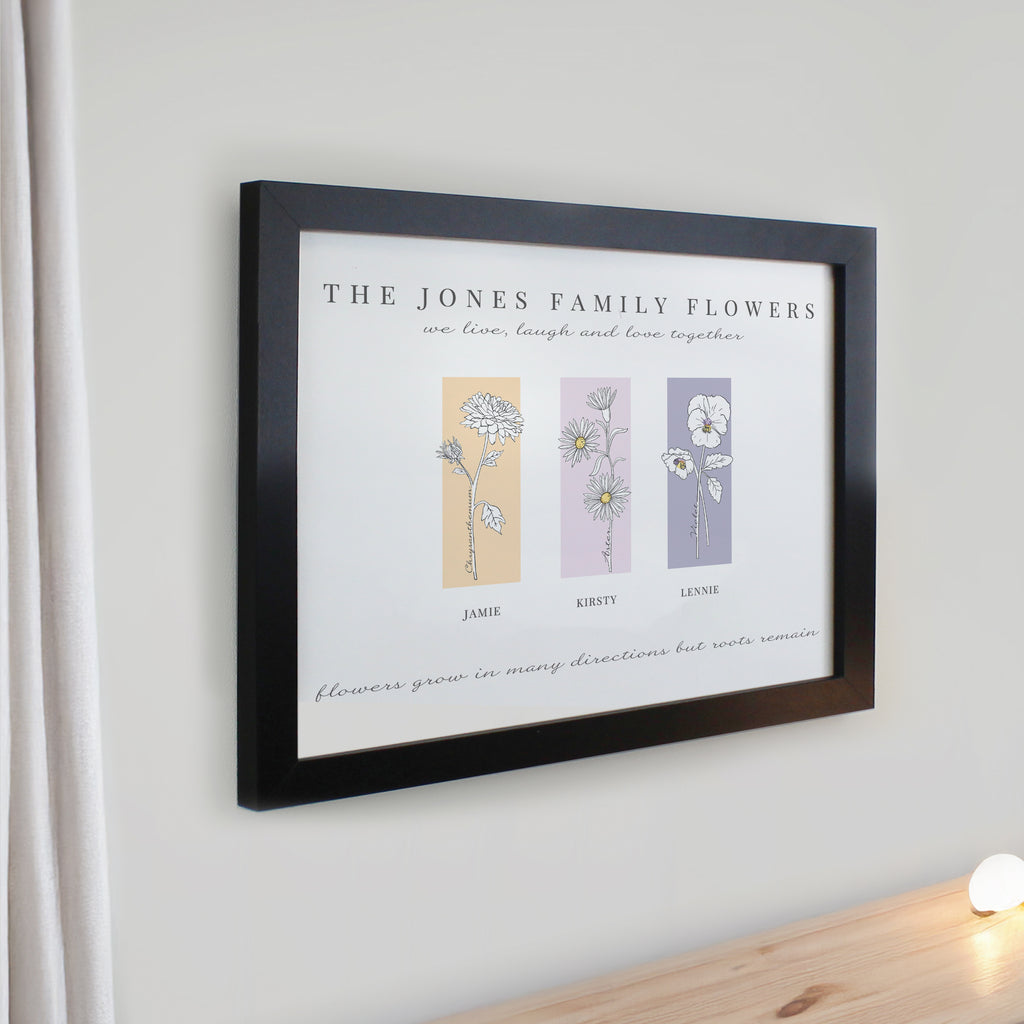 Personalised Birth Flower Family of 3 Black Framed Print | Poster Frames | Inspired Creative Gifts