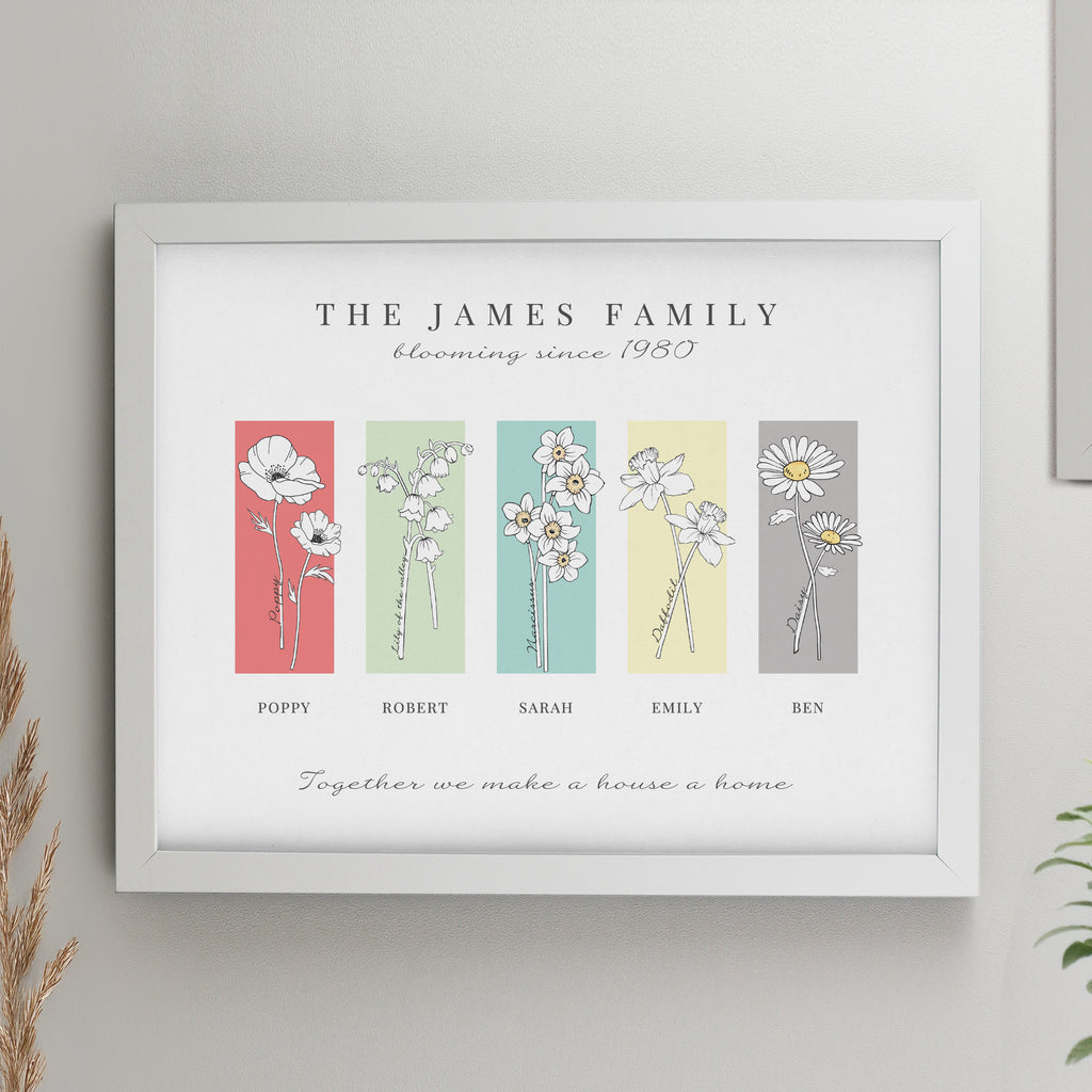 Personalised Birth Flower Family of 5 White Framed Print for Mother's Day
