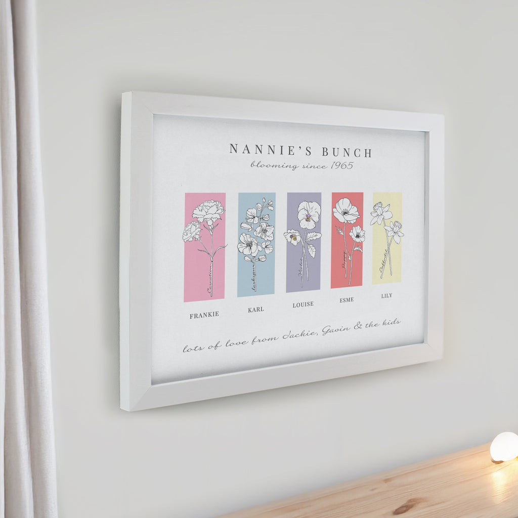 Personalised Birth Flower Family of 5 White Framed Print for Mother's Day