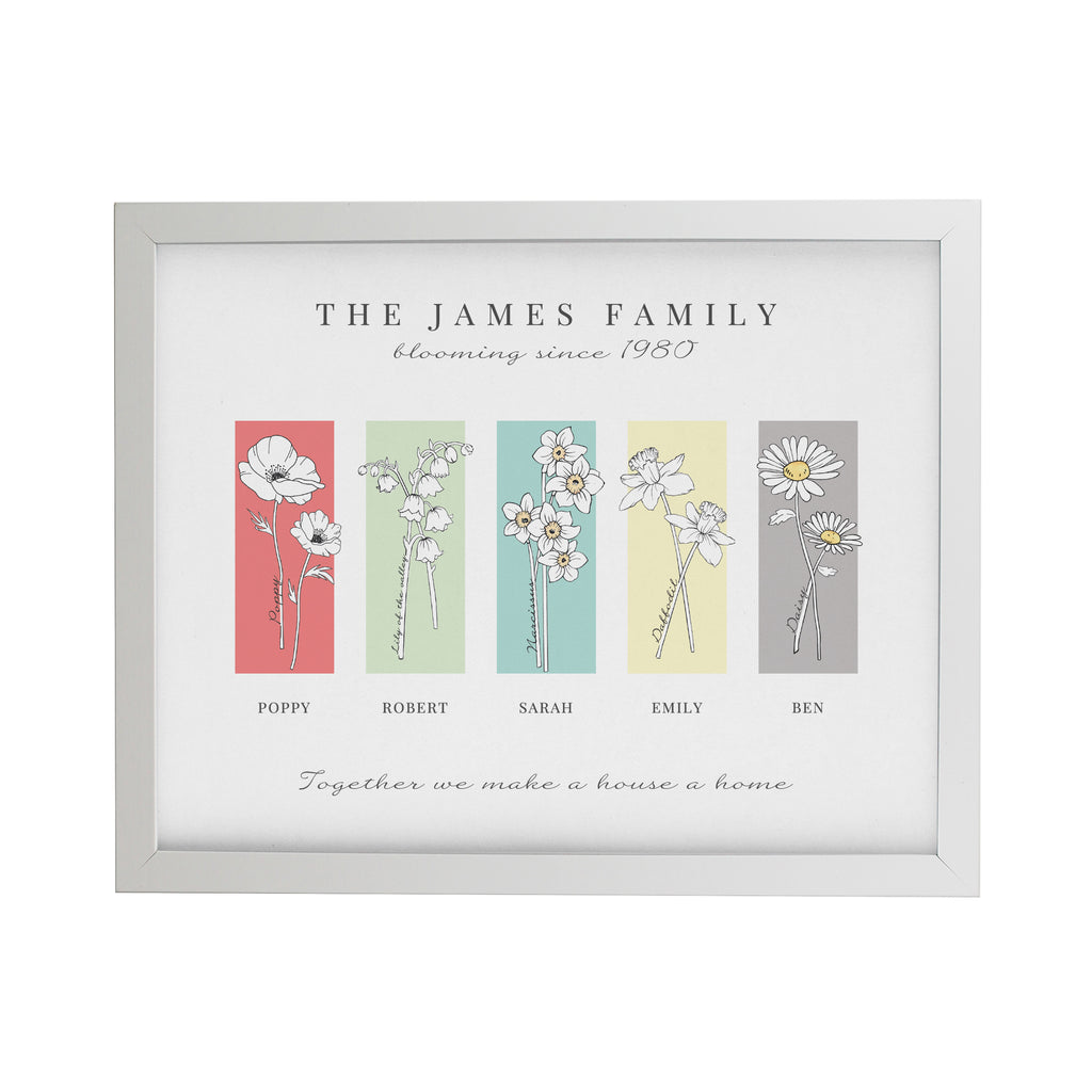 Personalised Birth Flower Family of 5 White Framed Print for Mother's Day