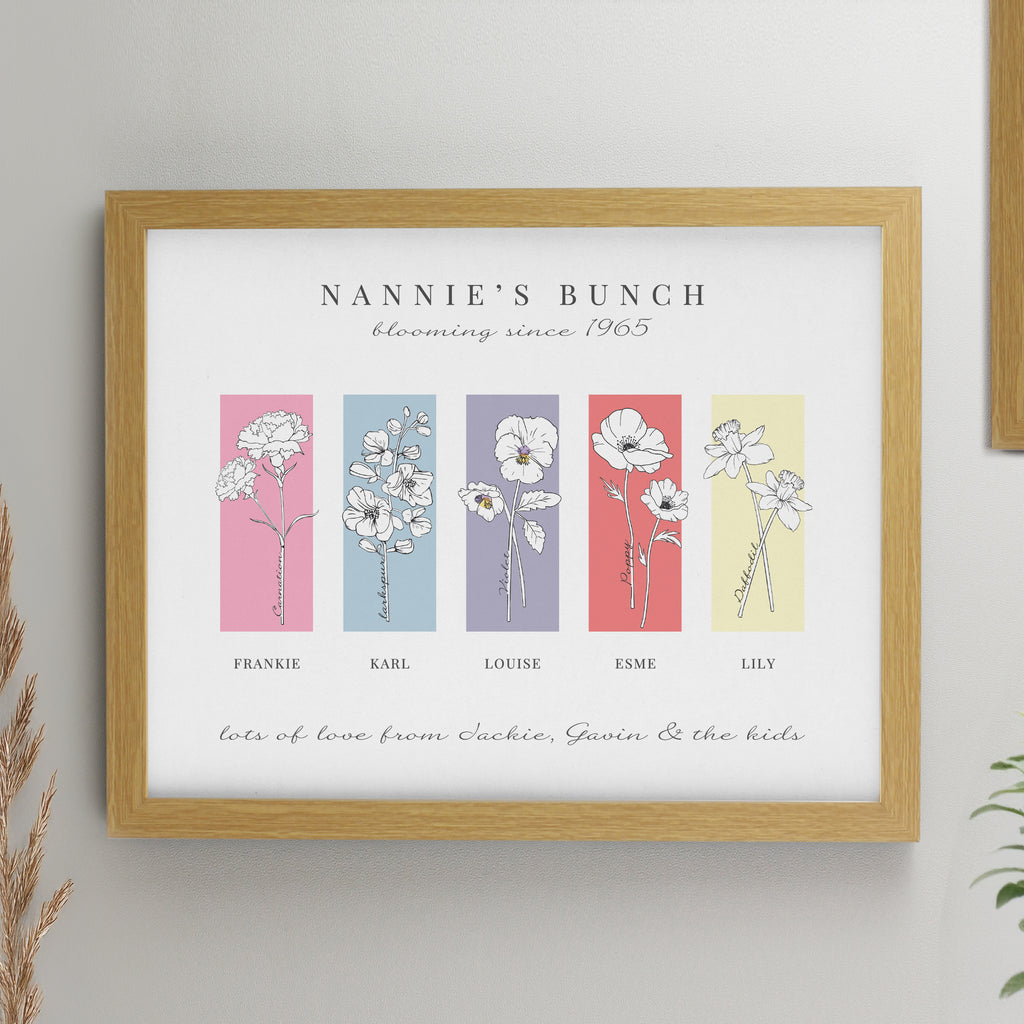 Personalised Birth Flower Family of 5 Oak Framed Print | Mother's Day Gift