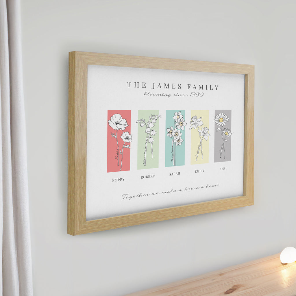 Personalised Birth Flower Family of 5 Oak Framed Print | Mother's Day Gift
