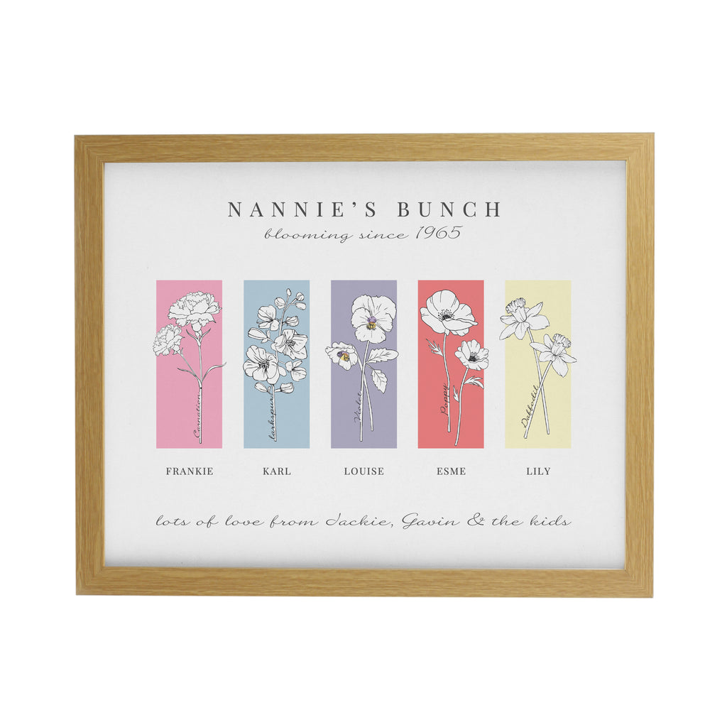 Personalised Birth Flower Family of 5 Oak Framed Print | Mother's Day Gift