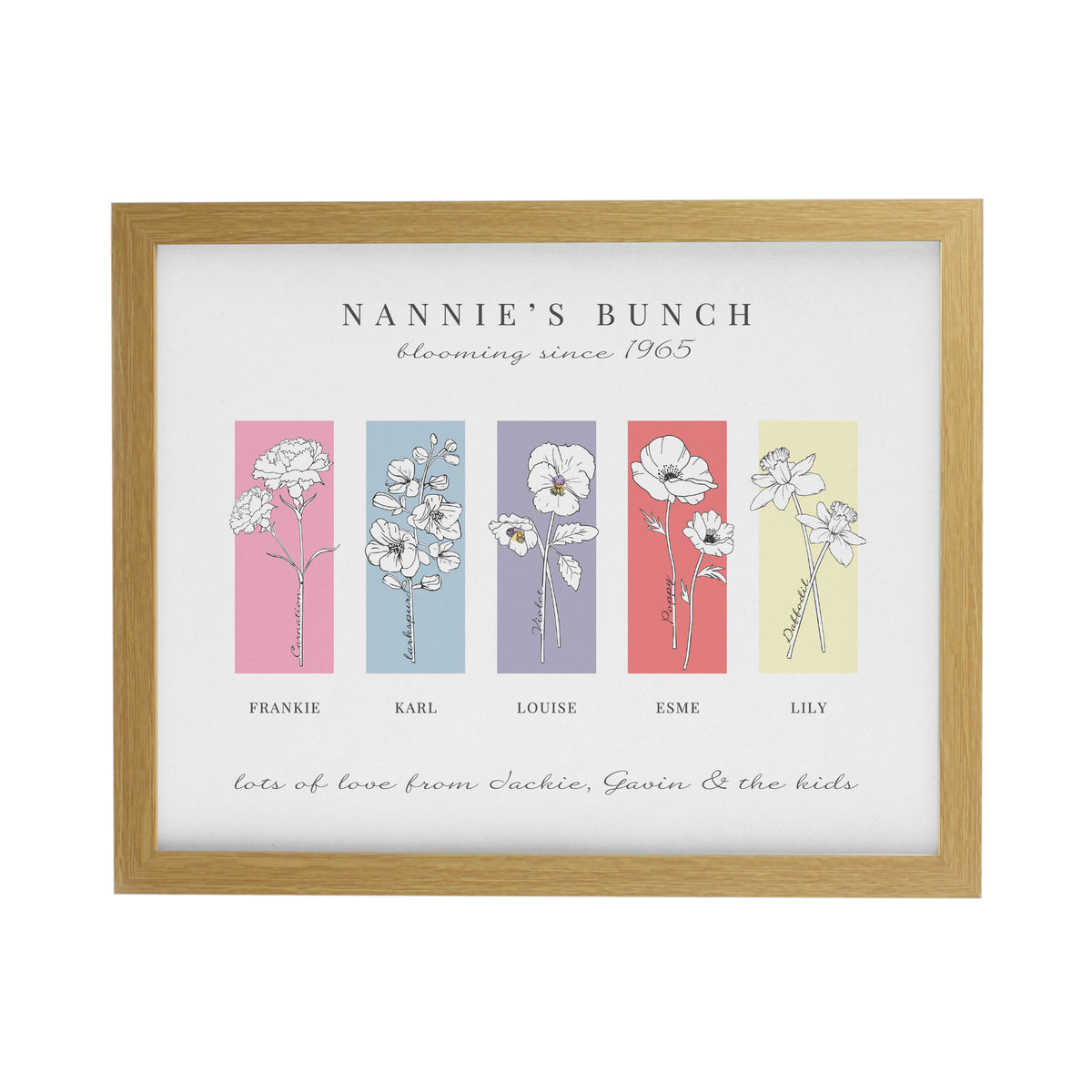 Personalised Birth Flower Family of 5 Oak Framed Print | Mother's Day Gift
