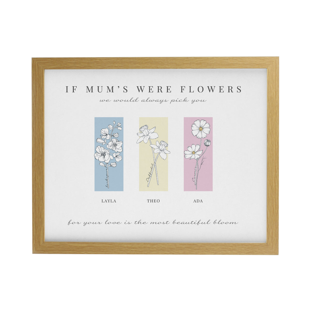 Personalised Birth Flower Family of 3 Oak Framed Print for Mother's Day