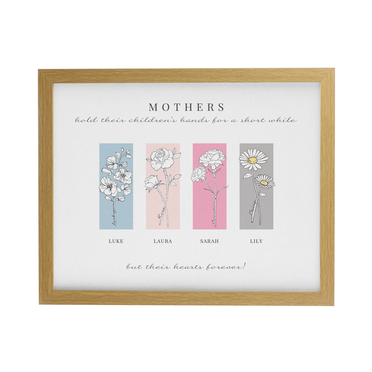 Personalised Birth Flower Family of 3 Oak Framed Print for Mother's Day