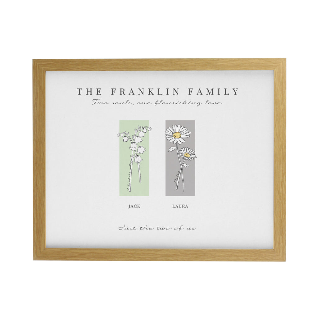 Personalised Birth Flower Family of 2 Oak Framed Print