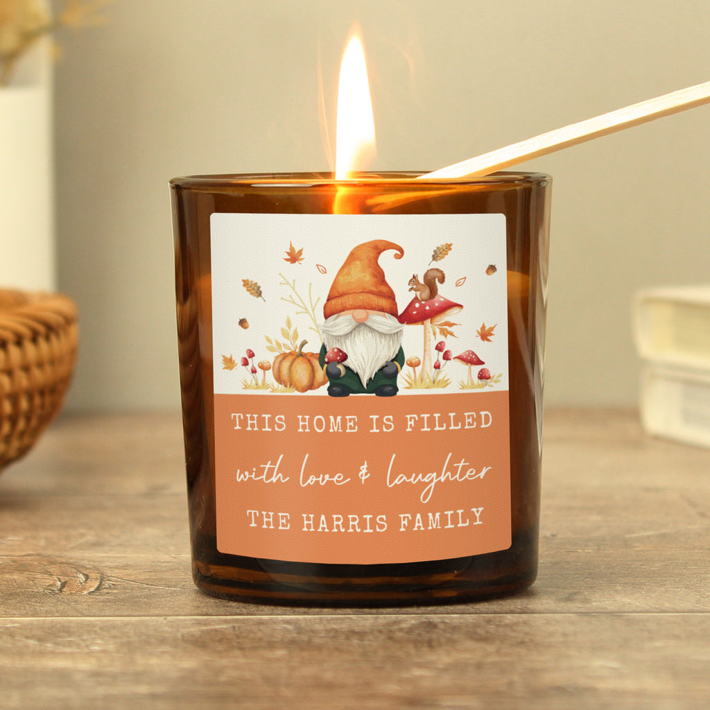 Personalised Autumn Gonk Amber Glass Candle | Candles & Reed Diffusers