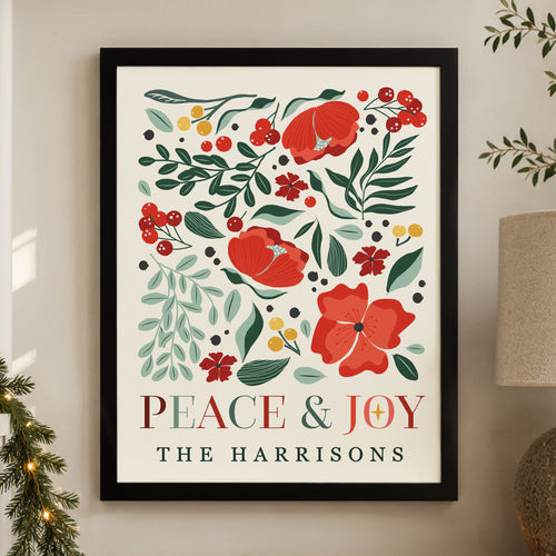 Personalised Poinsettia Black Poster Framed Print for Christmas