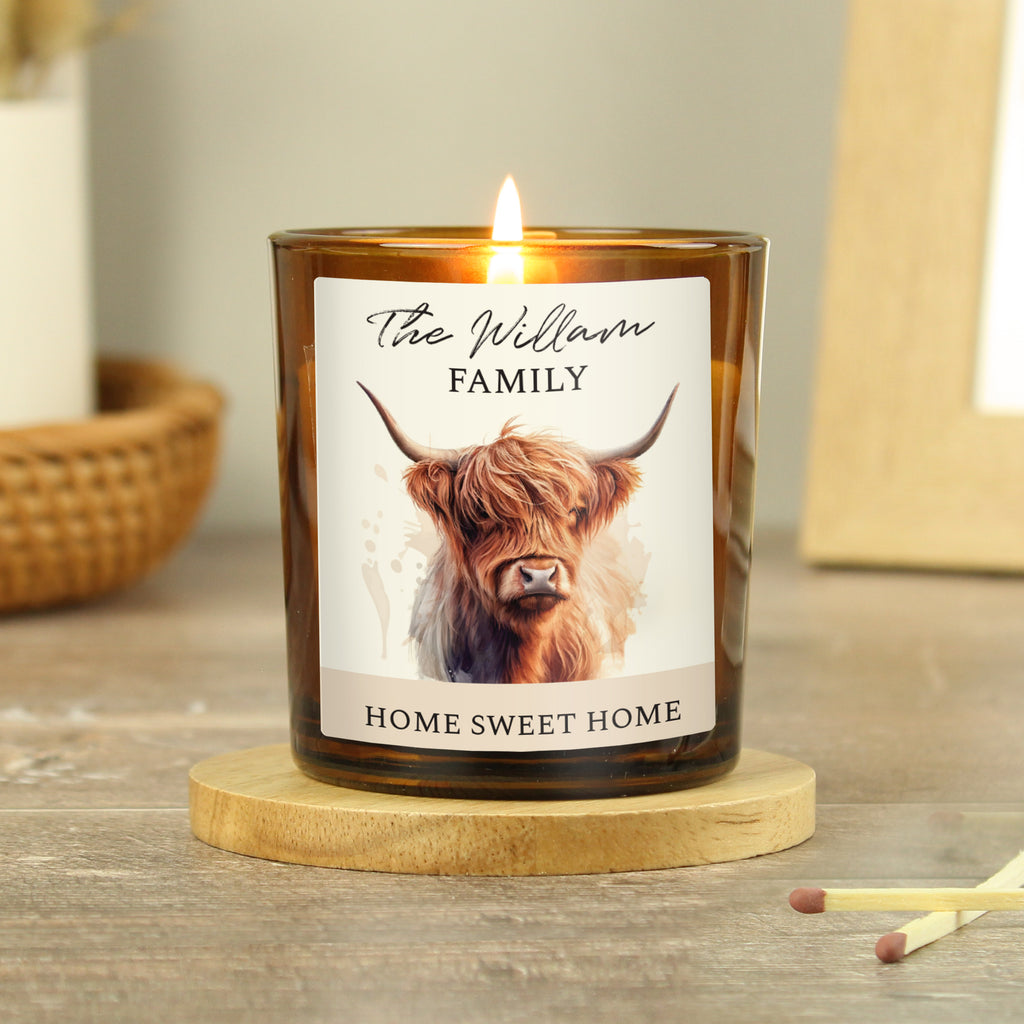 Personalised Highland Cow Amber Glass Candle | Candles & Reed Diffusers | Inspired Creative Gifts
