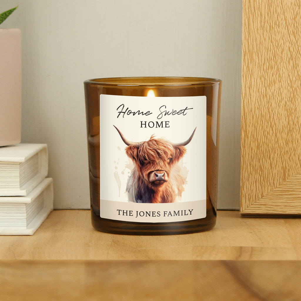 Personalised Highland Cow Amber Glass Candle | Candles & Reed Diffusers | Inspired Creative Gifts