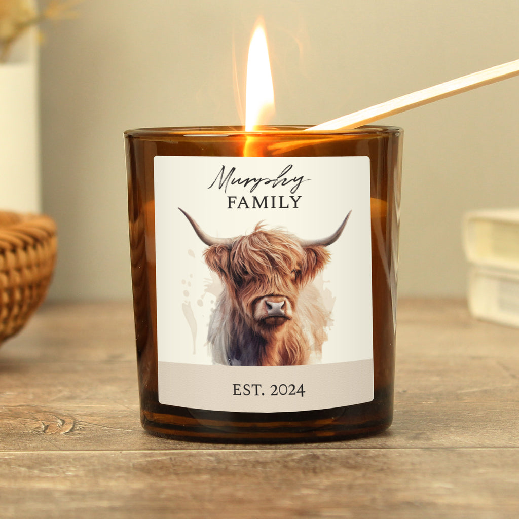 Personalised Highland Cow Amber Glass Candle | Candles & Reed Diffusers | Inspired Creative Gifts