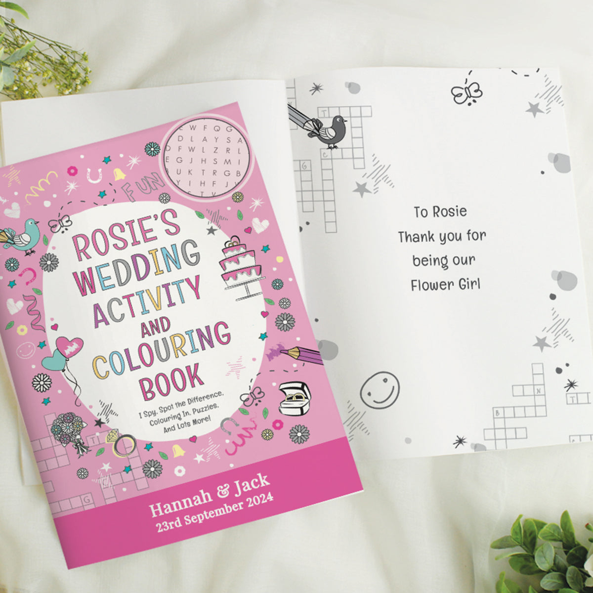 Personalised Pink A4 Wedding Activity & Colouring Book for Wedding