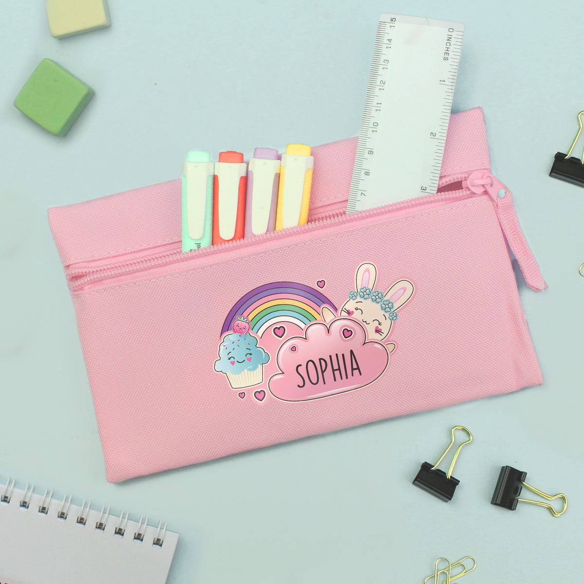 Personalised Cute Bunny Pink Pencil Case | Stationery & Pens