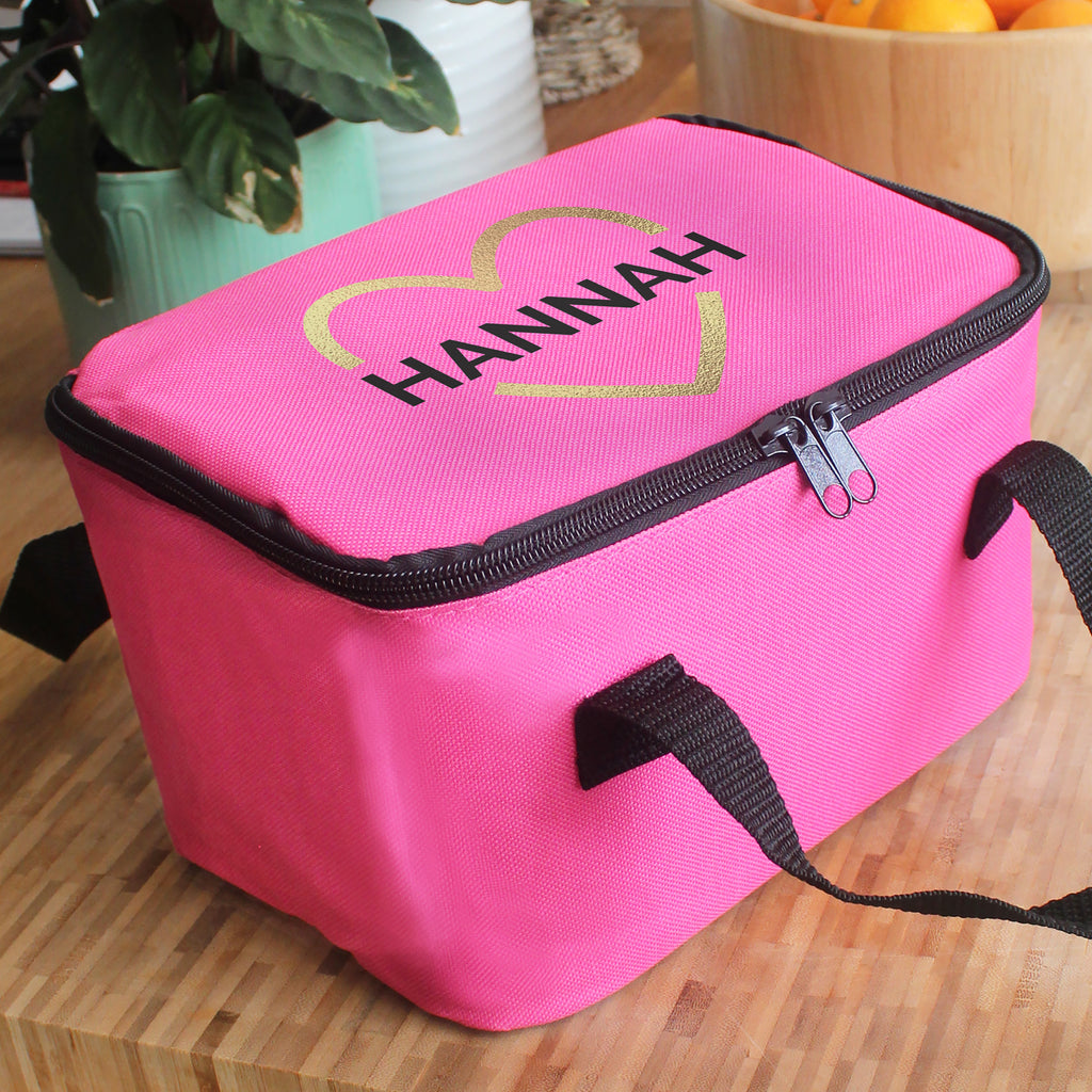 Personalised Gold Heart Pink Lunch Bag for Birthday