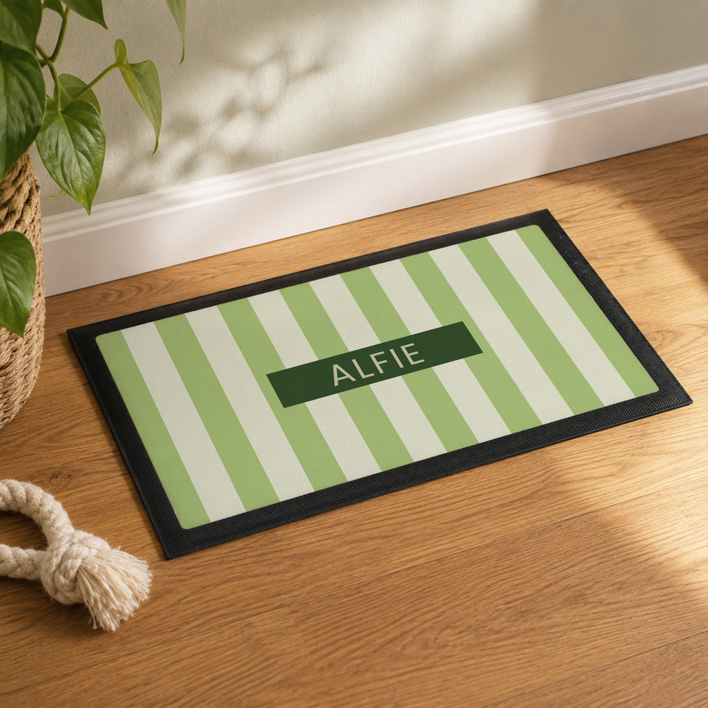 Personalised Green Stripe Pet Bowl Mat | Pet Gifts