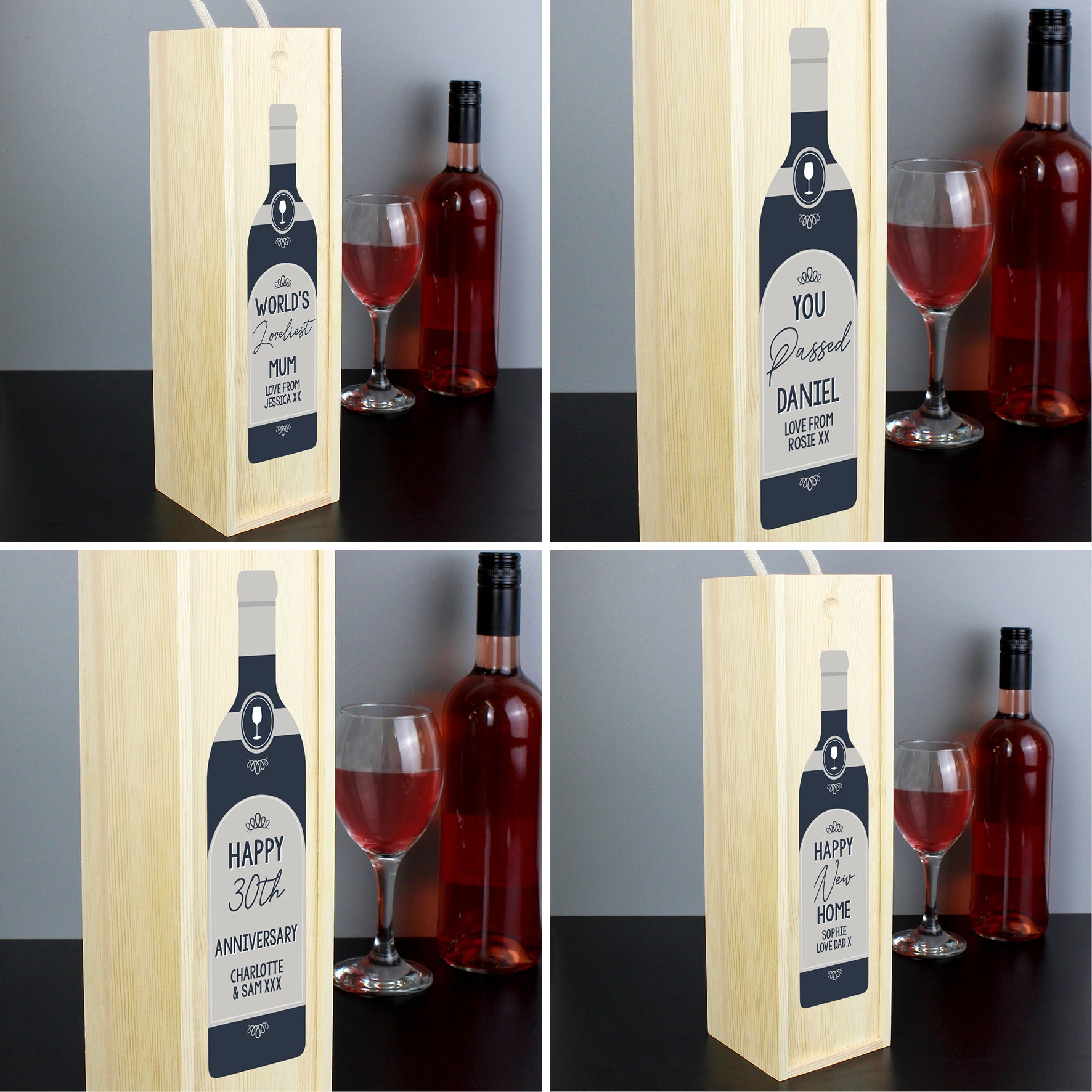 Personalised Free Text Grey Wooden Wine Bottle Box - Inspired Creative Gifts