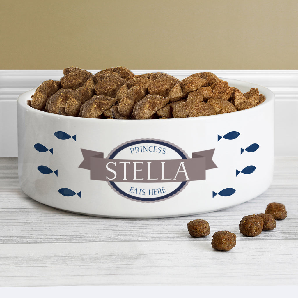 Personalised Blue Fish 15cm Medium White Pet Bowl | Pet Gifts