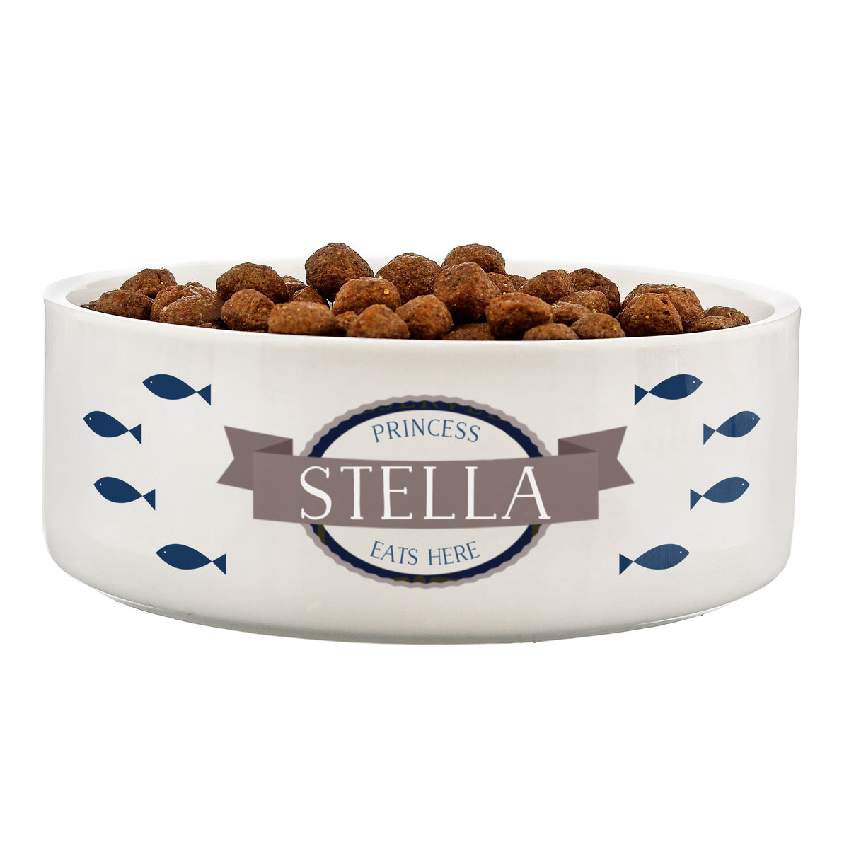 Personalised Blue Fish 15cm Medium White Pet Bowl | Pet Gifts