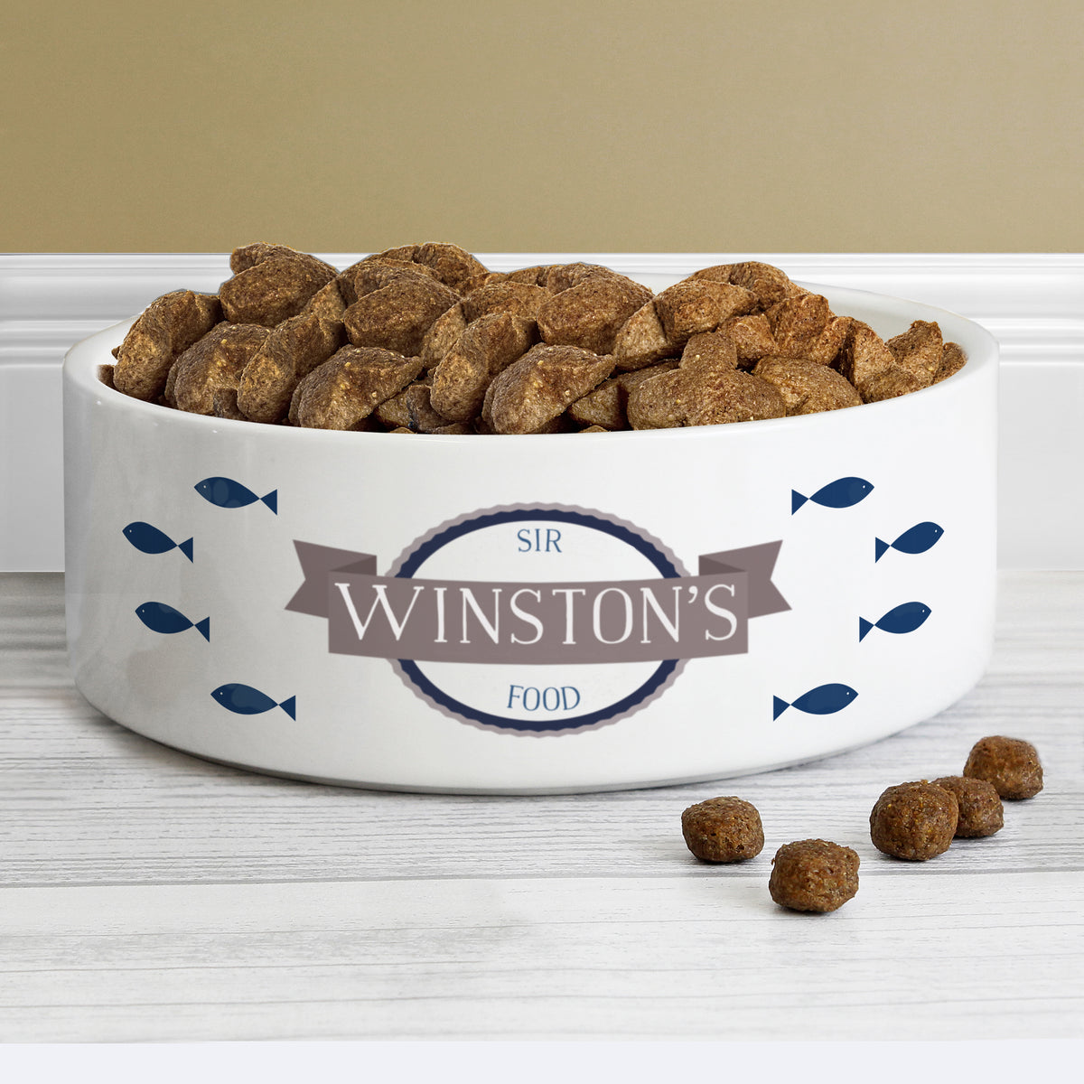 Personalised Blue Fish 15cm Medium White Pet Bowl | Pet Gifts